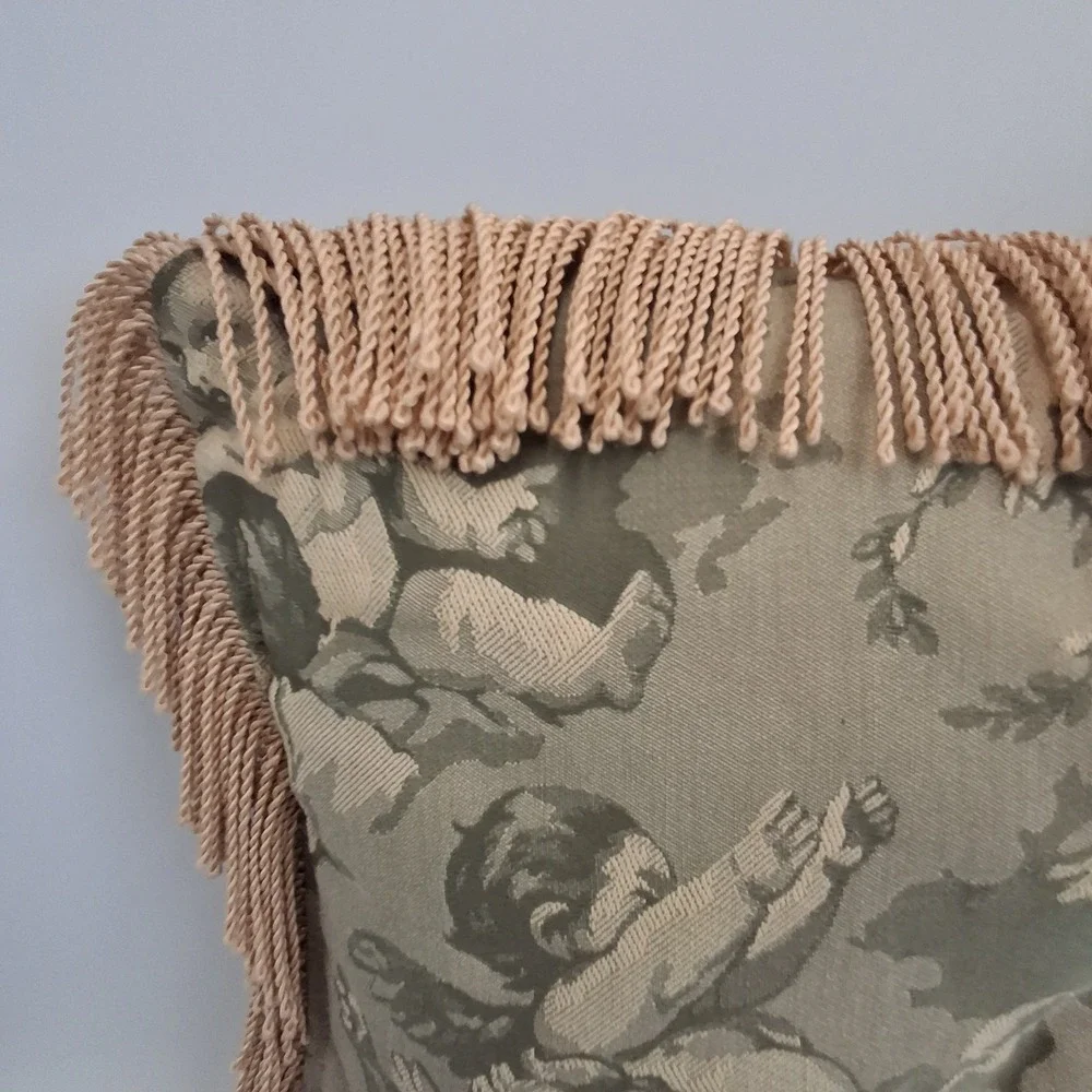 REED Style Cherub Angel Tapestry Throw Pillow Green Beige Fringe Trim 14